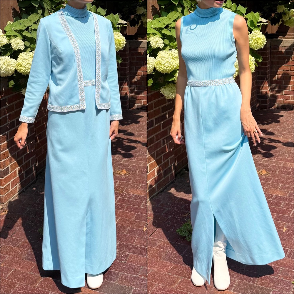 Vintage 1970s Dress & Jacket Set Light Blue Jacquard Knit 70s Elegant Retro M